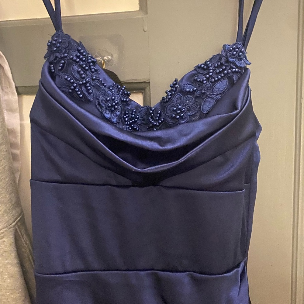 Elegant Navy Satin Lace-Trim Long Formal Dress